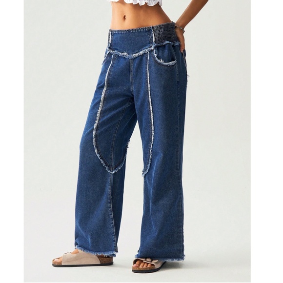 Dark Wash Frayed Detail Pockets Stretch Waist Wide Leg Pants - Picture 3 of 5